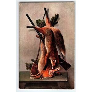 Original Muller Signed Artist Card Hunting Still Life Fox & Hare